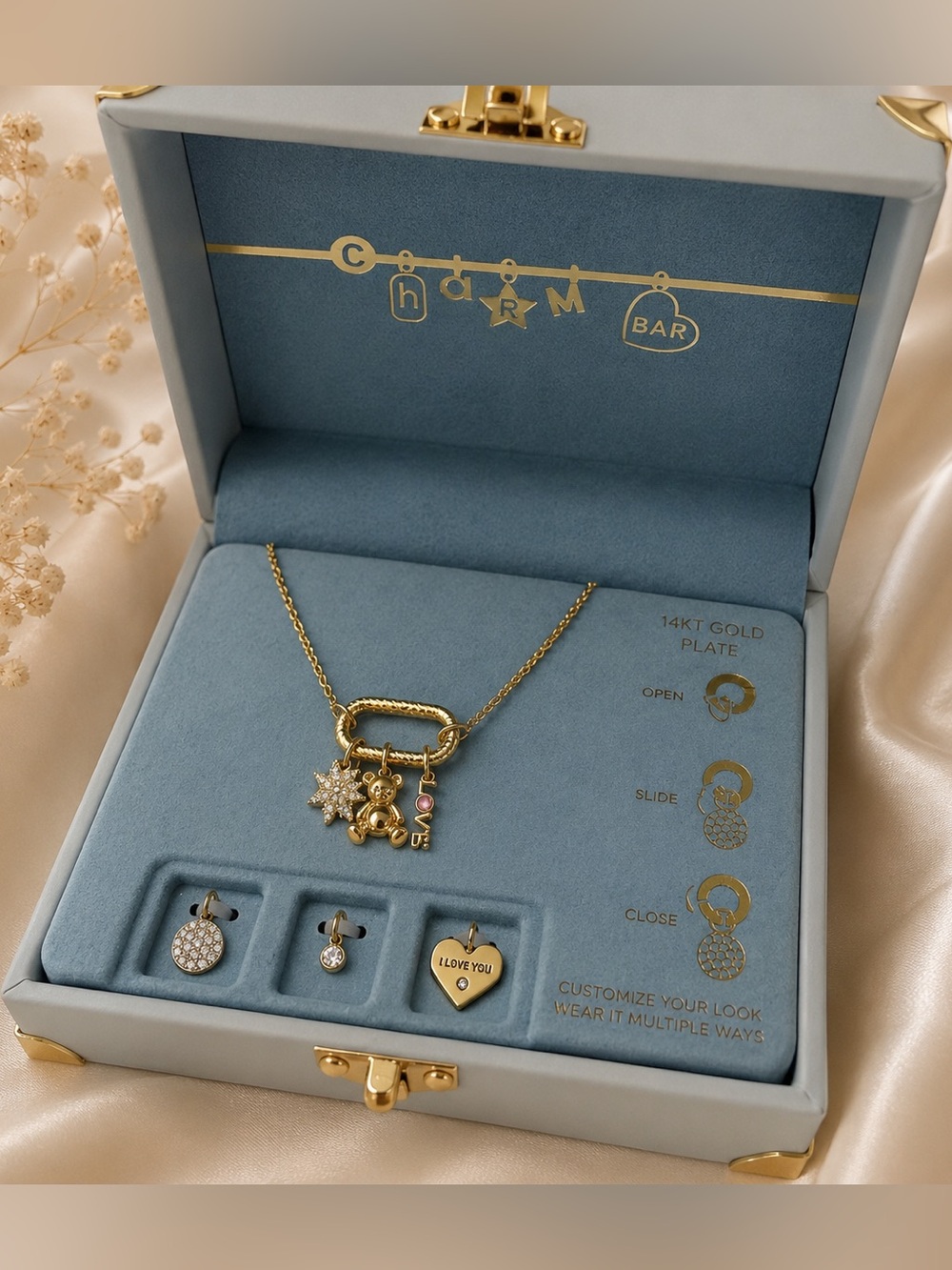 Charm Bar 14K Gold Plated Interchangeable Charm Necklace CZ Heart LOVE